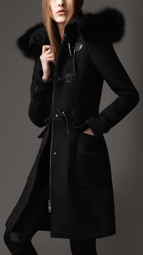 women's burberry coat with fur hood|Burberry single breasted wool coat.